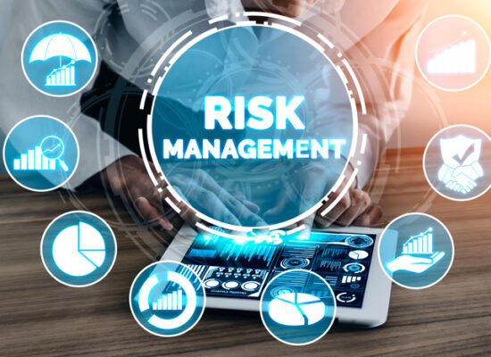 Risk Management and Assessment for Business Investment Concept. Modern graphic interface showing symbols of strategy in risky plan analysis to control unpredictable loss and build financial safety.